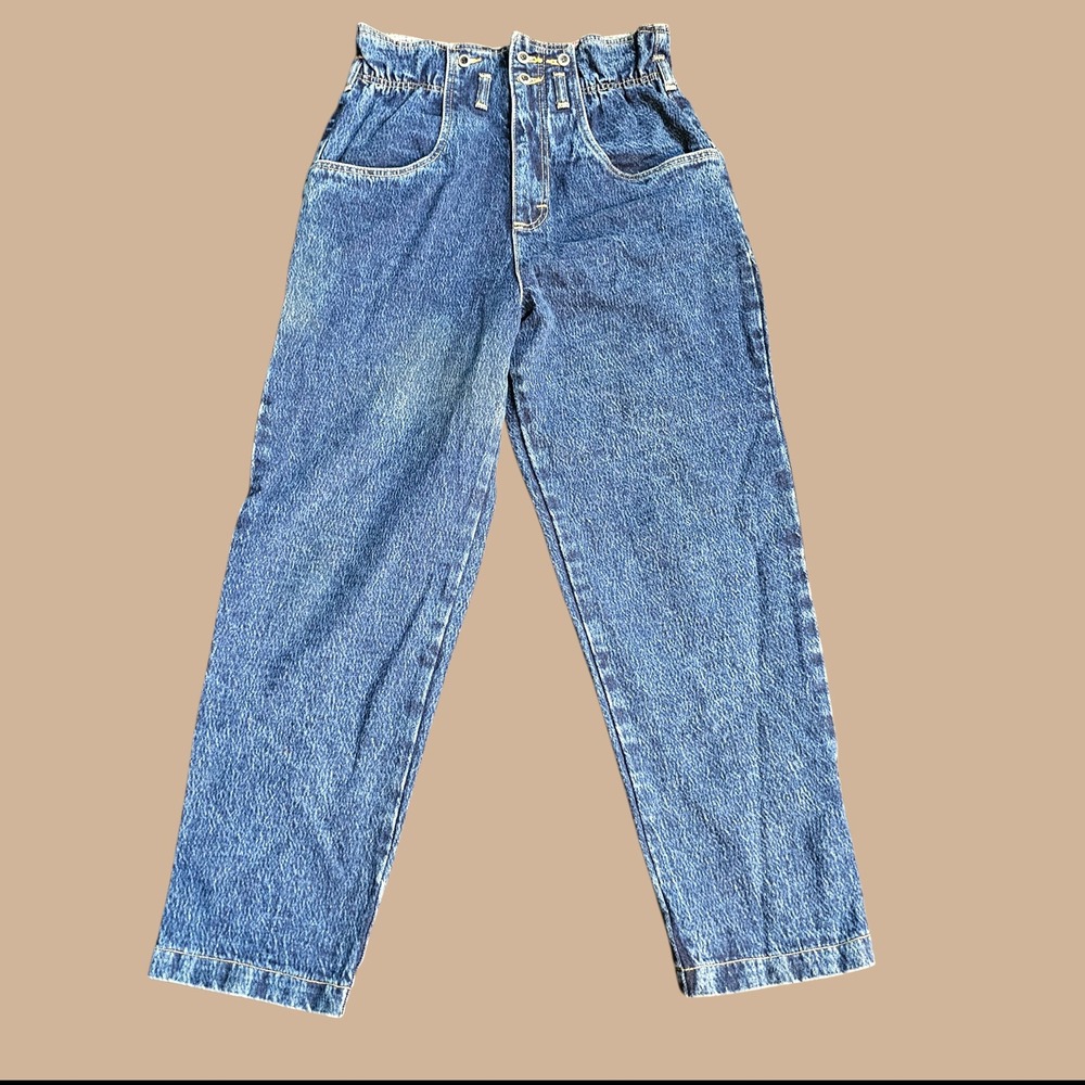 Vintage Joujou Rococo 1980s High Waisted Paperbag Jeans Light Blue Wash Denim